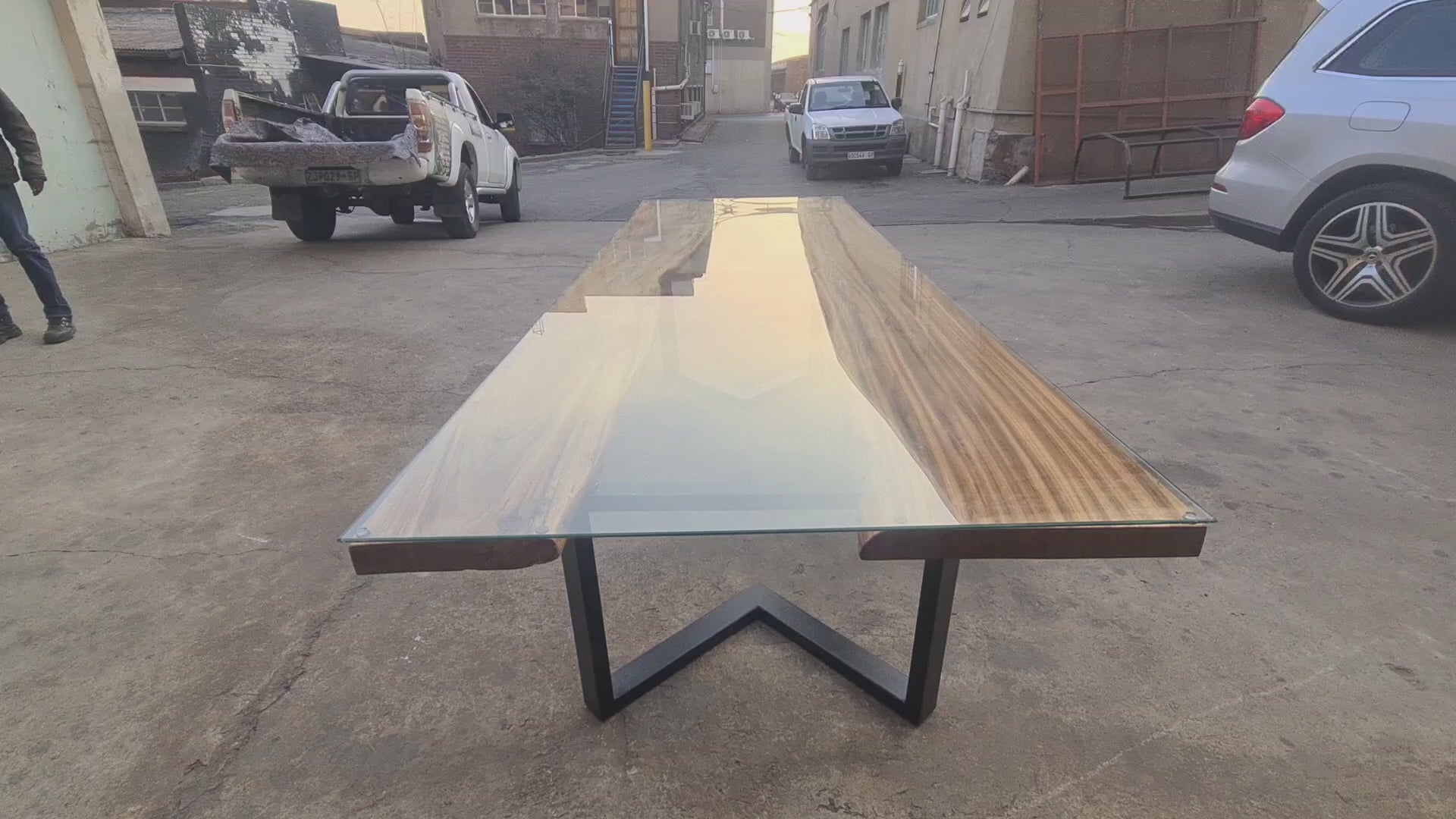 Golden walnut table with glass top